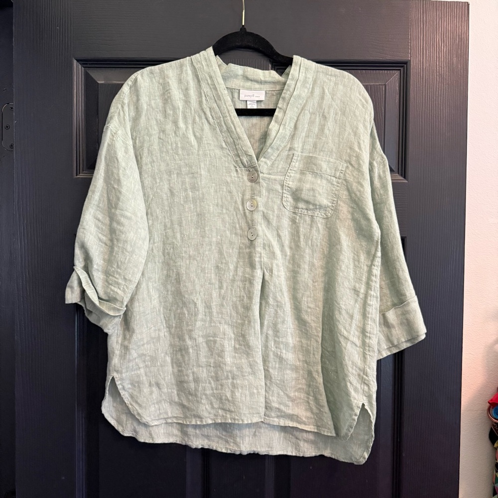 J Jill Linen Green Shirt, Sz Small Petite, EUC